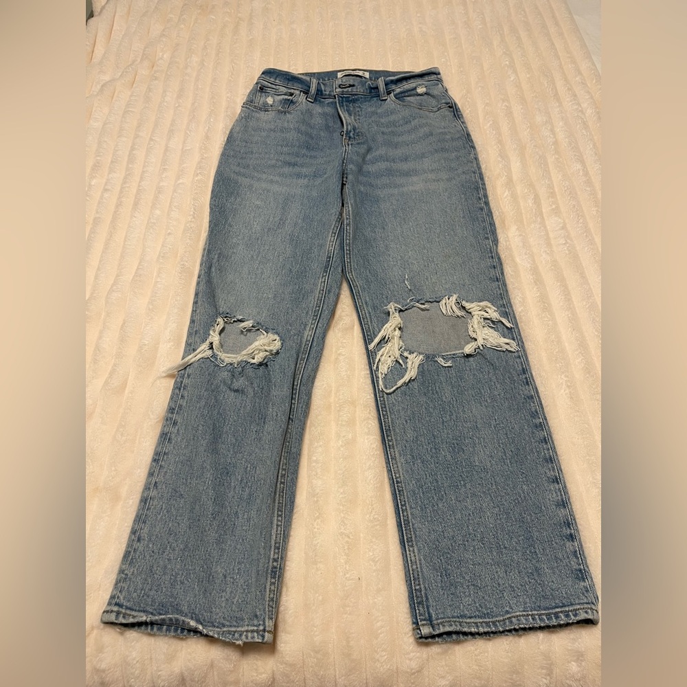 Abercrombie & Fitch Light Blue Straight-Leg Ripped Jeans